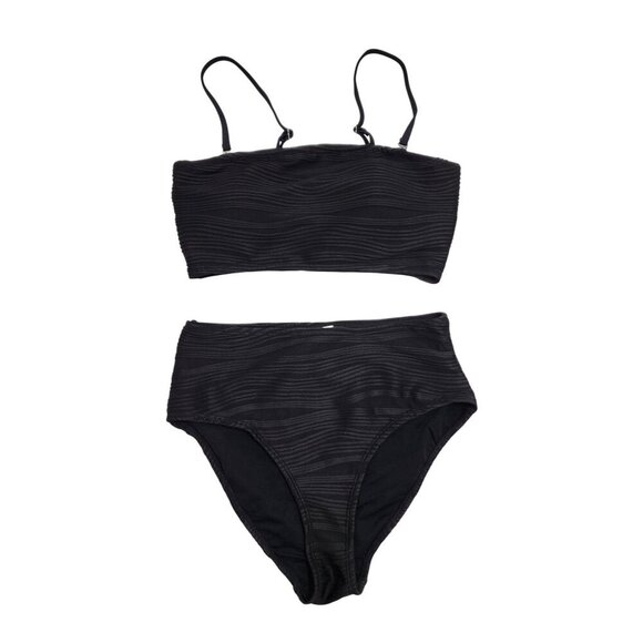 Black Textured Womens High-Waisted Bikini Set Swimsuit Adjustable Straps Size S - Picture 1 of 5